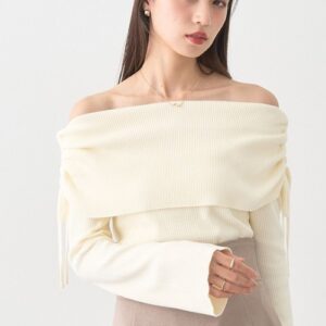 Ribbon Gathered Off-Shoulder Knit Pullover