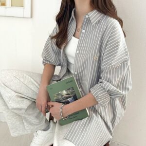 Happy Stripe Big Silhouette Shirt with Embroidered Accent